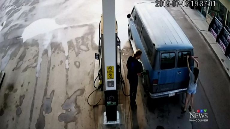 In the CCTV, Lucas is seen filling the van&#39;s petrol tank, while Deese washes the back windows. Pic: CTV