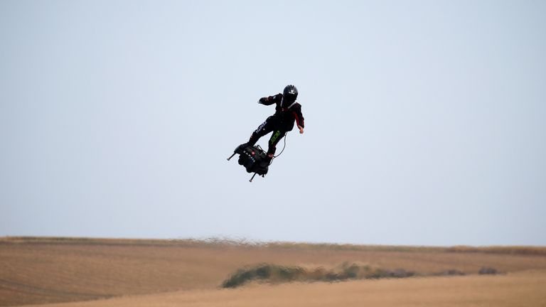 French inventor Franky Zapata flies on a Flyboard during a demonstration as he prepares to cross the English channel from Sangatte in France to Dover
