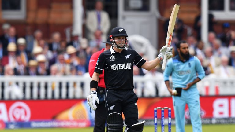 New Zealand's Henry Nicholls celebrates his half century