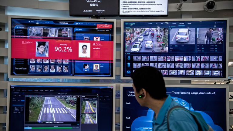  A display for facial recognition and artificial intelligence is seen on monitors at Huawei&#39;s Bantian campus