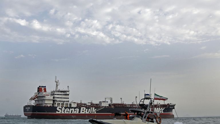 Iranian Revolutionary Guards patrolling around the British-flagged tanker Stena Impero off the Iranian port of Bandar Abbas