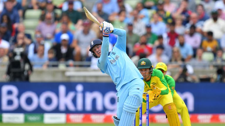 Jason Roy hits a six during England&#39;s reply