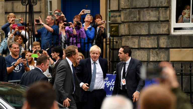 Prime Minister Boris Johnson arrives for his meeting with Scotland's First Minister Nicola Sturgeon outside Bute House on July 29, 2019 in Edinburgh, Scotland