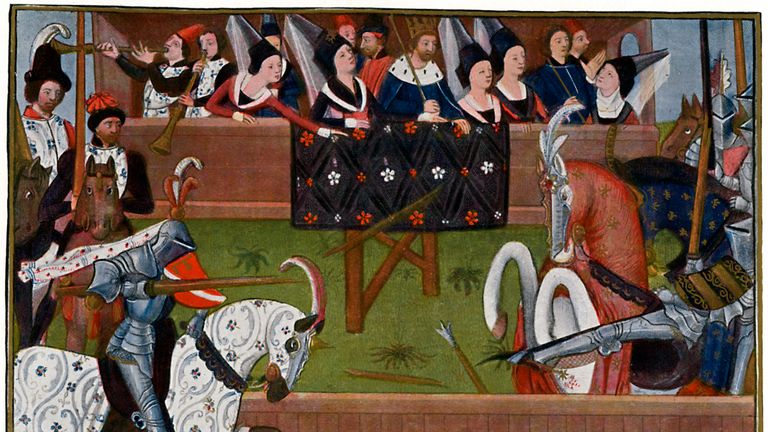 A painting of Jean de Saintre vanquishing an opponent while the French king Jean le Bon looks on in a tournament circa 1350