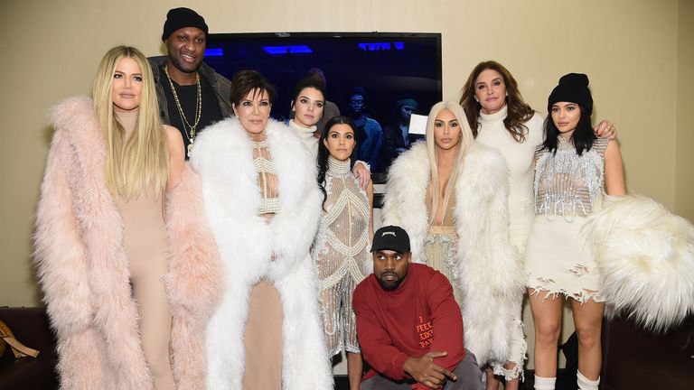 (L-R) Khloe Kardashian, Lamar Odom, Kris Jenner, Kendall Jenner, Kourtney Kardashian, Kanye West, Kim Kardashian, Caitlin Jenner and Kylie Jenner attend Kanye West Yeezy Season 3 on February 11, 2016 in New York