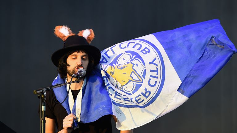 Kasabian&#39;s Serge Pizzorno pictred during the Leicester City Barclays Premier League winners&#39; bus parade on May 16, 2016 in Leicester, England.