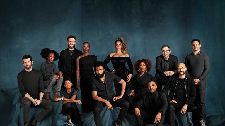 The official Lion King cast photo - comedian John Oliver has confirmed Beyonce wasn&#39;t present for the shoot. Pic: Walt Disney Studios