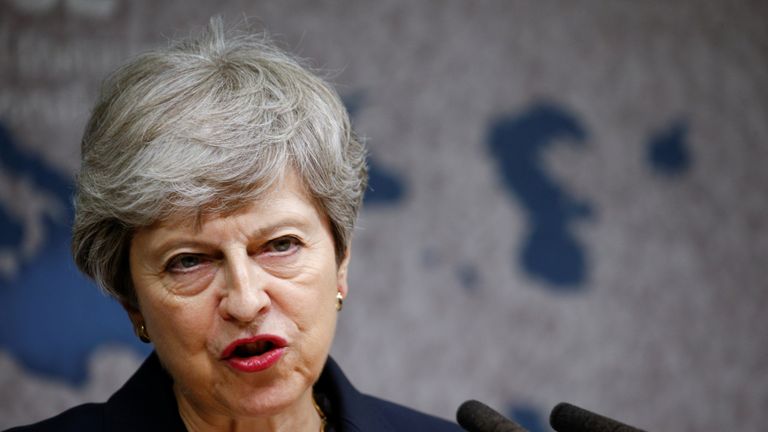 Prime Minister Theresa May delivers a speech at Chatham House in London