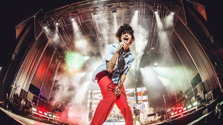 Matthew Healy from the band The 1975 perfoms on stage at Madcool Festival on July 13, 2019 in Madrid, Spain