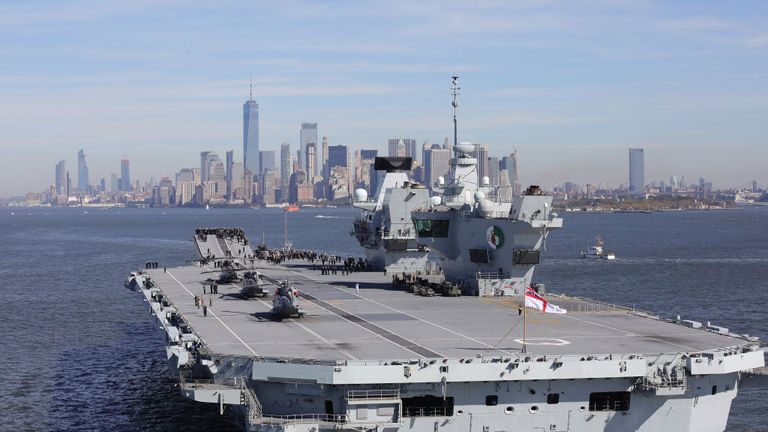 Britain&#39;s new aircraft carrier HMS Queen Elizabeth arrives in New York on October 19, 2018 in New York City