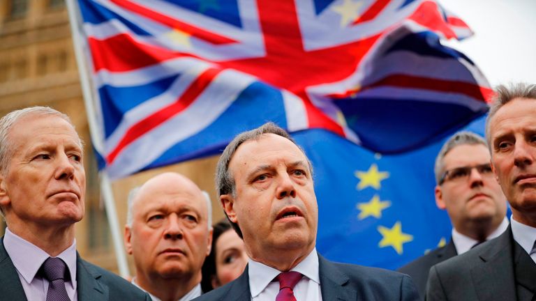 DUP leader Nigel Dodds speaking to journalists outside parliament