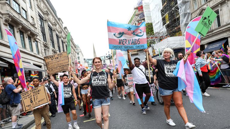 LONDON, ENGLAND - JULY 06: Parade goers during Pride in London 2019 on July 06, 2019 in London, England. (Photo by Tristan Fewings/Getty Images for Pride in London)
