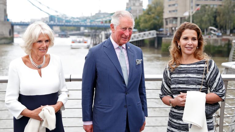 Princess Haya with Camilla, Duchess of Cornwall and Prince Charles on the newly refurbished &#39;Maiden&#39; Yacht at HMS President last year
