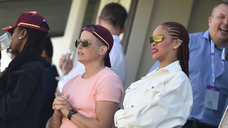  Rihanna spectates during the 2019 Cricket World Cup group stage match between Sri Lanka and West Indies at the Riverside Ground, in Chester-le-Street, northeast England