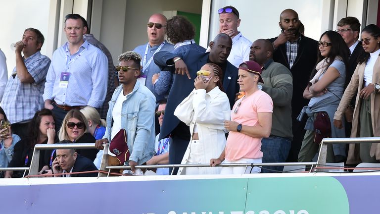 Barbadian singer/actress Rihanna spectates during the 2019 Cricket World Cup group stage match between Sri Lanka and West Indies at the Riverside Ground, in Chester-le-Street, northeast England, on July 1, 2019.