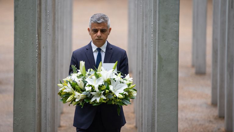 Sadiq Khan lays a wreath at the 7/7 memorial in Hyde Park