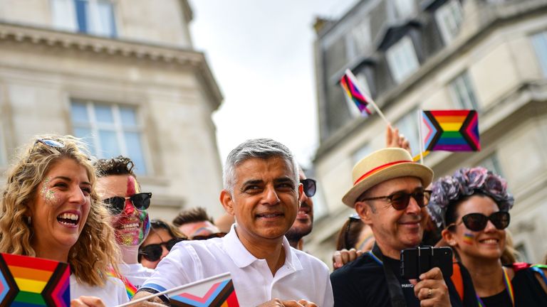 LONDON, ENGLAND - JULY 06: Parade goers during Pride in London 2019 on July 06, 2019 in London, England. (Photo by Tristan Fewings/Getty Images for Pride in London)
