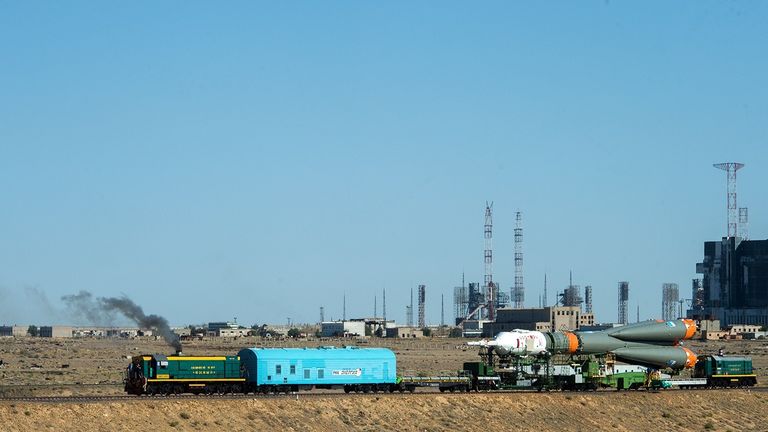 The Soyuz rocket on its train-track journey across the base