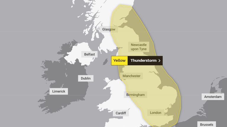 A yellow warning for thunderstorms is in place from 3pm today until 4am on Friday. Pic: Met Office