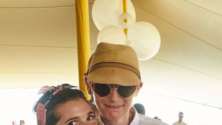 Undated handout photo issued by EE of Tilda Swinton (right) inside the EE VIP section at this weekend&#39;s Glastonbury Festival at Worthy Farm in Somerset. PRESS ASSOCIATION Photo. Issue date: Sunday June 30, 2019. See PA story SHOWBIZ Glastonbury. Photo credit should read: Nathan Gallagher/PA Wire NOTE TO EDITORS: This handout photo may only be used in for editorial reporting purposes for the contemporaneous illustration of events, things or the people in the image or facts mentioned in the captio