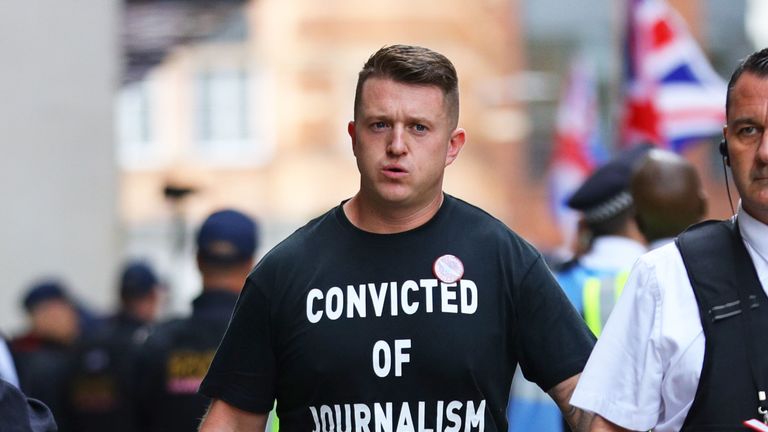 Tommy Robinson arrives for his sentencing at the Old Bailey in London