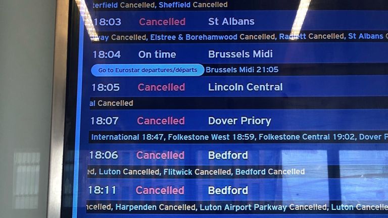 Train boards displaying cancelled trains at St Pancras railway station after overhead cables were damaged, severely disrupting East Midlands and Thameslink services. PRESS ASSOCIATION Photo. Picture date: Thursday July 25, 2019. Boards displayed at the station announced most trains had been cancelled with others delayed. See PA story WEATHER Hot Trains. Photo credit should read: Thomas Hornall/PA Wire