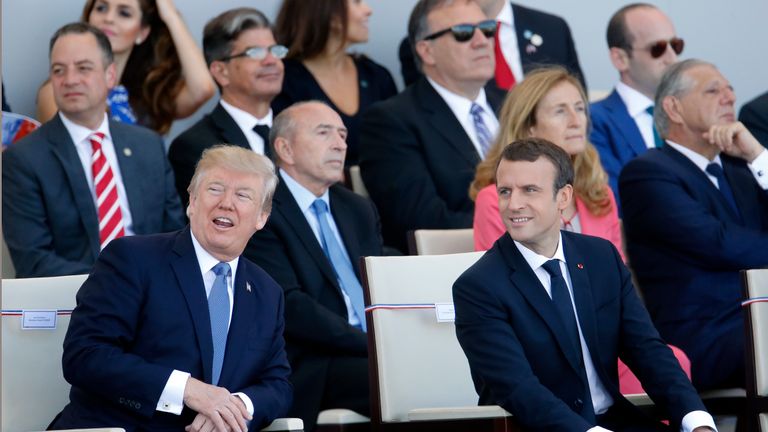 U.S President Donald Trump and French President Emmanuel Macron attend the traditional Bastille day military parade on the Champs-Elysees on July 14, 2017 in Paris France. Bastille Day, the French National day commemorates this year the 100th anniversary of the entry of the United States of America into World War I