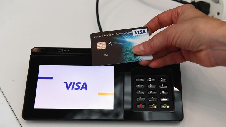 NEW YORK, NY - JANUARY 16: Visa showcases a contactless card authenticated through biometrics at the Visa Innovation Lab at the National Retail Federation&#39;s Big Show on January 16, 2018 in New York City. (Photo by Dave Kotinsky/Getty Images for Visa)
