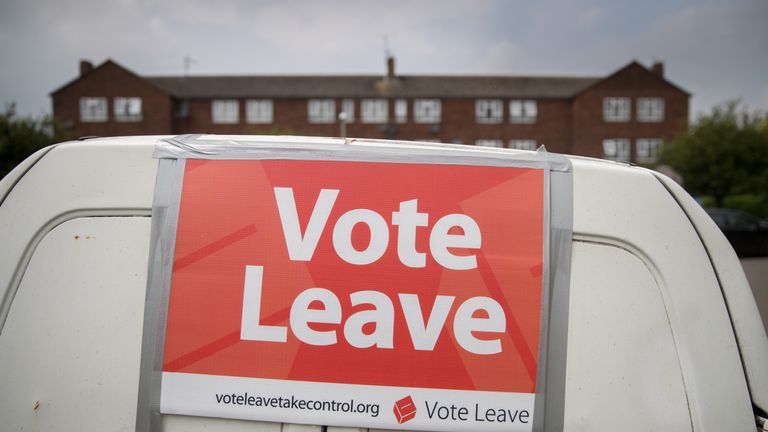 STONEHOUSE, ENGLAND - JUNE 08:  A Vote Leave poster is attached to a Ford Escort van as Vote Leave supporters campaign on a residential housing estate in Stonehouse on June 8, 2016 in Gloucestershire, England. Britain will go to the polls in a referendum on the 23rd of June to decide whether or not to leave the European Union.  (Photo by Matt Cardy/Getty Images)