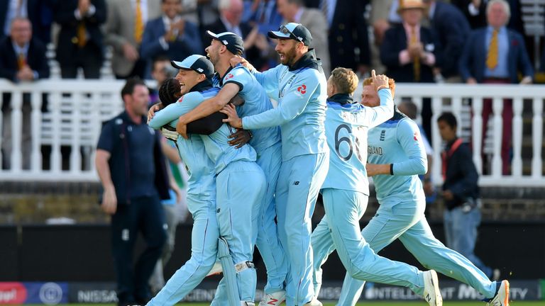 LONDON, ENGLAND - JULY 14: England celebrate after victory during the Final of the ICC Cricket World Cup 2019 between New Zealand and England at Lord&#39;s Cricket Ground on July 14, 2019 in London, England. (Photo by Mike Hewitt/Getty Images)