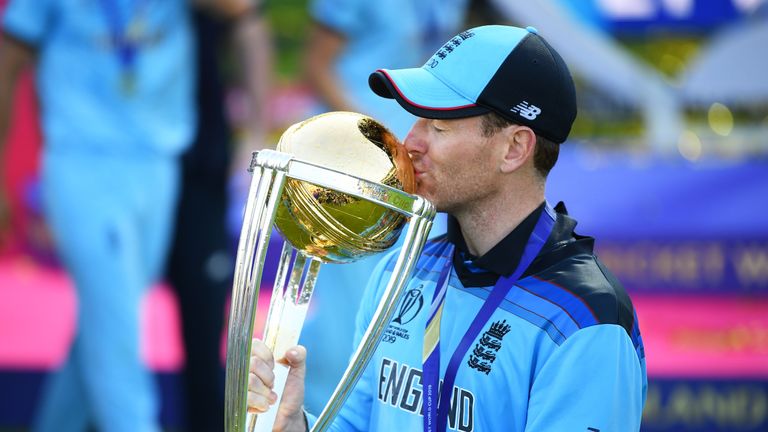 England captain Eoin Morgan kisses the Cricket World Cup trophy after a dramatic triumph for his side at Lord&#39;s