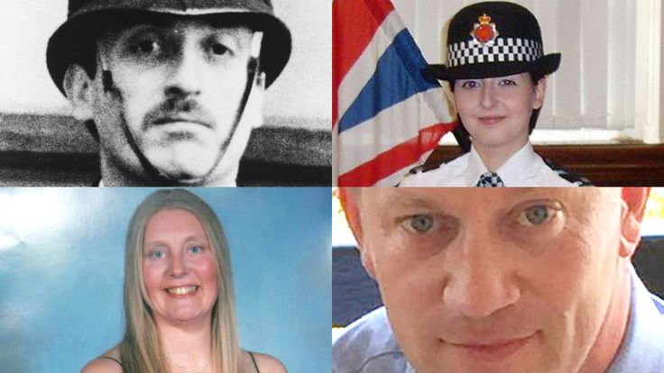 (Clockwise from top left) PC Keith Blakelock, PC Nicola Hughes, PC Keith Palmer, PC Sharon Beshenivsky