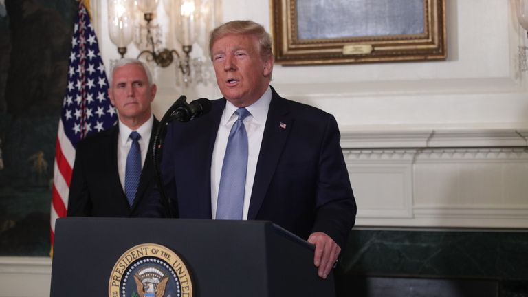WASHINGTON, DC - AUGUST 05:  U.S. President Donald Trump makes remarks in the Diplomatic Reception Room of the White House as Vice President Mike Pence looks on August 5, 2019 in Washington, DC. President Trump delivered remarks on the mass shootings in El Paso, Texas, and Dayton, Ohio, over the weekend. (Photo by Alex Wong/Getty Images)