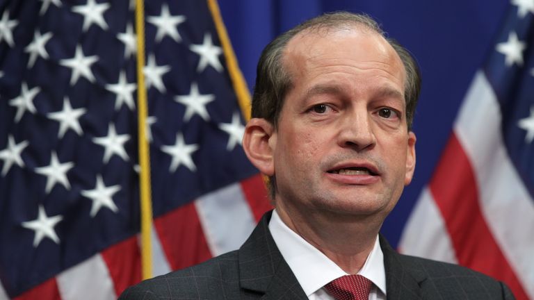 WASHINGTON, DC - JULY 10: U.S. Secretary of Labor Alex Acosta speaks during a press conference July 10, 2019 at the Labor Department in Washington, DC. Secretary Acosta discussed his role in the sexual abuse case of accused sex trafficker Jeffrey Epstein.  (Photo by Alex Wong/Getty Images)