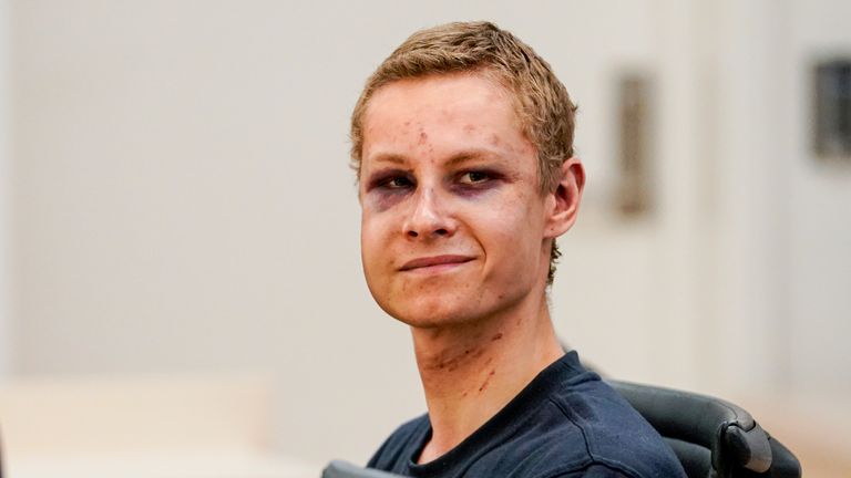Terror suspected Philip Manshaus attends a hearing at an Oslo courthouse on August 12, 2019 in Norway. - Norwegian 21-year old Philip Manshaus, is formally suspected of murder in the death of his 17-year-old stepsister, and of a "terrorist act" at the Al-Noor mosque on August 10, 2019, police said in a statement. (Photo by Cornelius Poppe / NTB Scanpix / AFP) / Norway OUT / The erroneous mention[s] appearing in the metadata of this photo by Cornelius Poppe has been modified in AFP systems in the following manner: [terror suspected] instead of [terror charged]. Please immediately remove the erroneous mention[s] from all your online services and delete it (them) from your servers. If you have been authorized by AFP to distribute it (them) to third parties, please ensure that the same actions are carried out by them. Failure to promptly comply with these instructions will entail liability on your part for any continued or post notification usage. Therefore we thank you very much for all your attention and prompt action. We are sorry for the inconvenience this notification may cause and remain at your disposal for any further information you may require.        (Photo credit should read CORNELIUS POPPE/AFP/Getty Images)