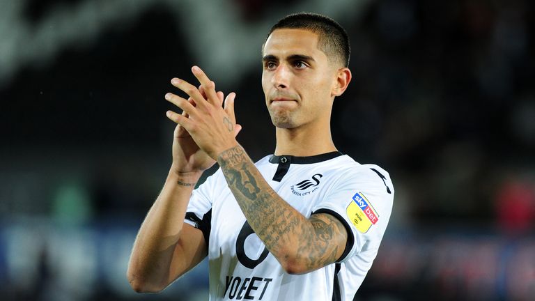 SWANSEA, WALES - AUGUST 13: Yan Dhanda of Swansea City applauds the fans at the final whistle during the Carabao Cup First Round match between Swansea City and Northampton Town at the Liberty Stadium on August 13, 2019 in Swansea, Wales. (Photo by Athena Pictures/Getty Images)