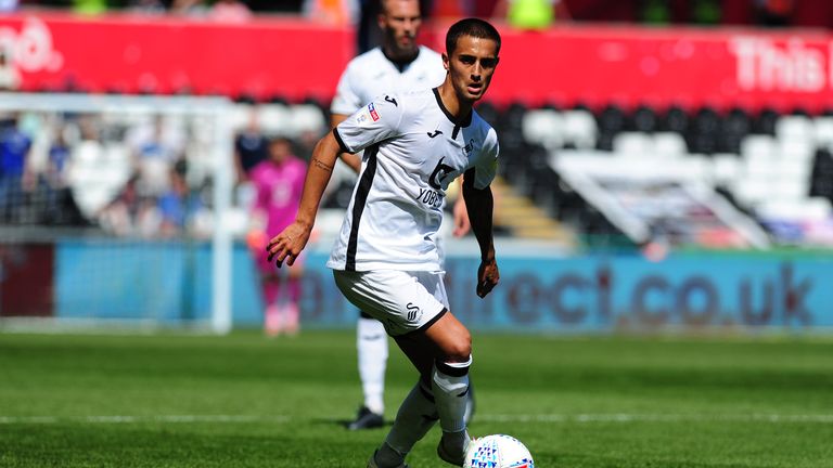 SWANSEA, WALES - AUGUST 25: Yan Dhanda of Swansea City in action during the Sky Bet Championship match between Swansea City and Birmingham City at the Liberty Stadium on August 25, 2019 in Swansea, Wales. (Photo by Athena Pictures/Getty Images)