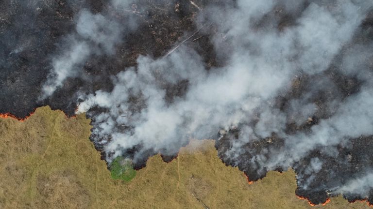 An aerial view shows smoke rising over a deforested plot of the Amazon jungle in Porto Velho, Rondonia State, Brazil, in this August 24, 2019 picture taken with a drone. Picture taken August 24, 2019. REUTERS/Ueslei Marcelino     TPX IMAGES OF THE DAY