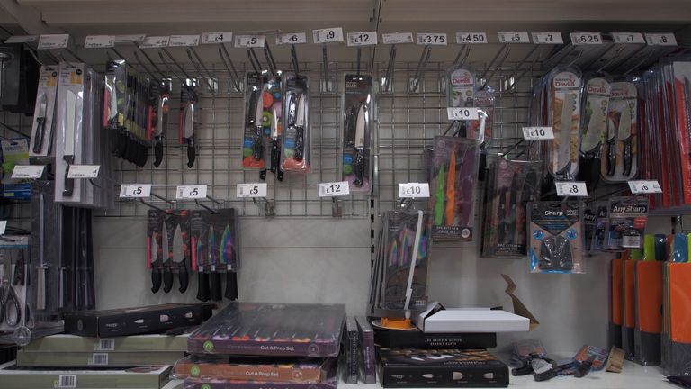Kitchen knives for sale in an Asda store in London, as the supermarket chain has vowed to remove single kitchen knives from sale at all its stores by the end of April, amid rising fears over their use in fatal stabbings.