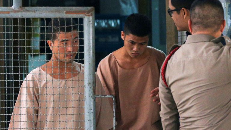 Myanmar migrant workers Zaw Lin and Win Zaw Htun arrive at the Nonthaburi provincial court in Thailand, August 29, 2019. REUTERS/Athit Perawongmetha