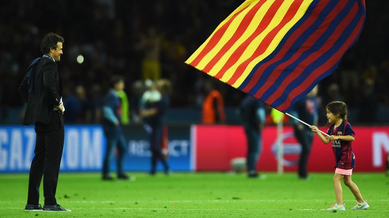 BERLIN, GERMANY - JUNE 06:  Luis Enrique manager of Barcelona and daughter Xana celebrate victory after the UEFA Champions League Final between Juventus and FC Barcelona at Olympiastadion on June 6, 2015 in Berlin, Germany.  (Photo by Laurence Griffiths/Getty Images)