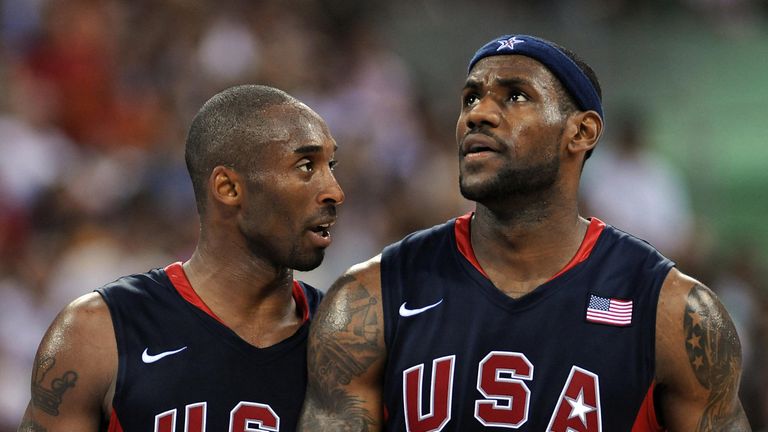Kobe Bryant and LeBron James share a word on court during the 2008 Beijing Olympic Games