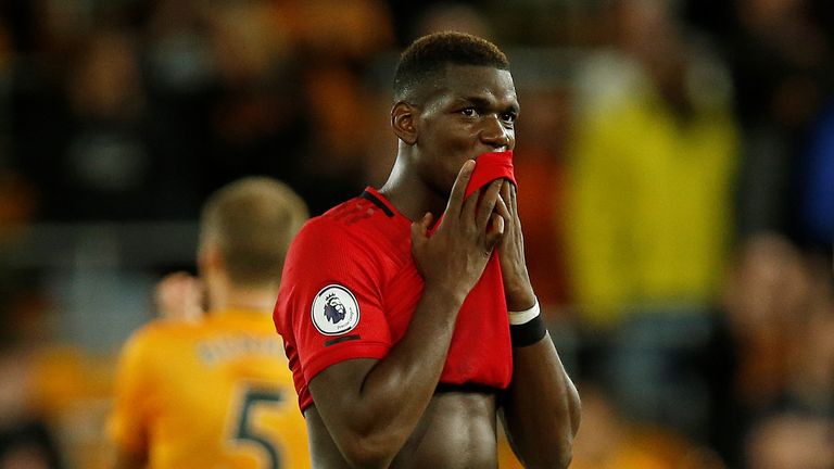 Paul Pogba after his penalty was saved with the score 1-1 against Wolves at Molineux