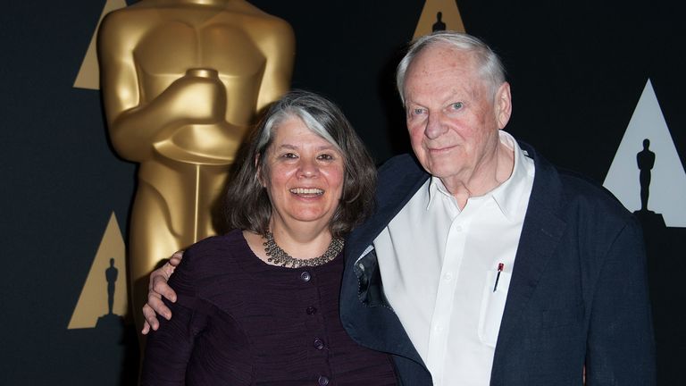 Animator Richard Williams with his wife producer Imogen Sutton at the Oscars in 2016