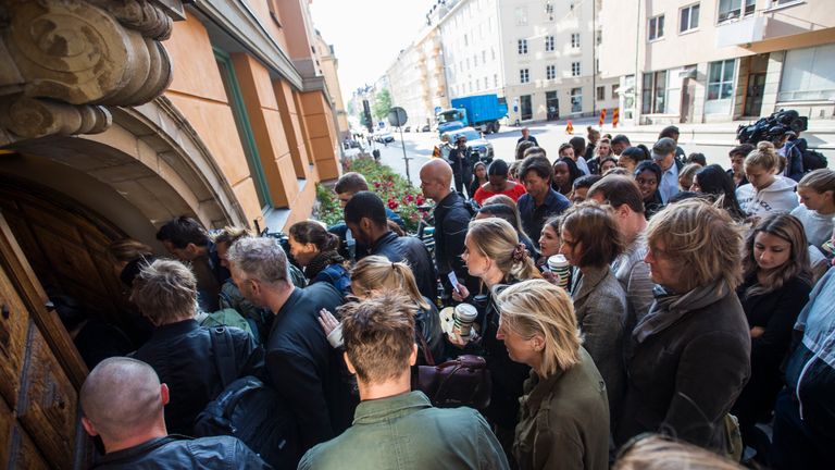 People entering the courthouse during the second day of the A$AP Rocky assault trial at the Stockholm city courthouse on August 1, 2019 in Stockholm, Sweden. American rapper A$AP Rocky, real name Rakim Mayers, along with Dave Rispers and Bladimir Corniel are on trial for assault after an alleged confrontation with a man in Stockholm in June