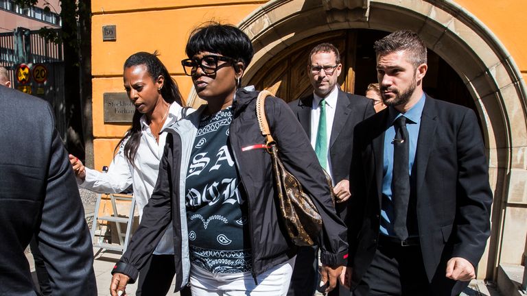 Renee Black, mother to A$AP Rocky, leaving the courthouse during the lunch break on the second day of the A$AP Rocky assault trial at the Stockholm city courthouse on August 1, 2019 in Stockholm, Sweden