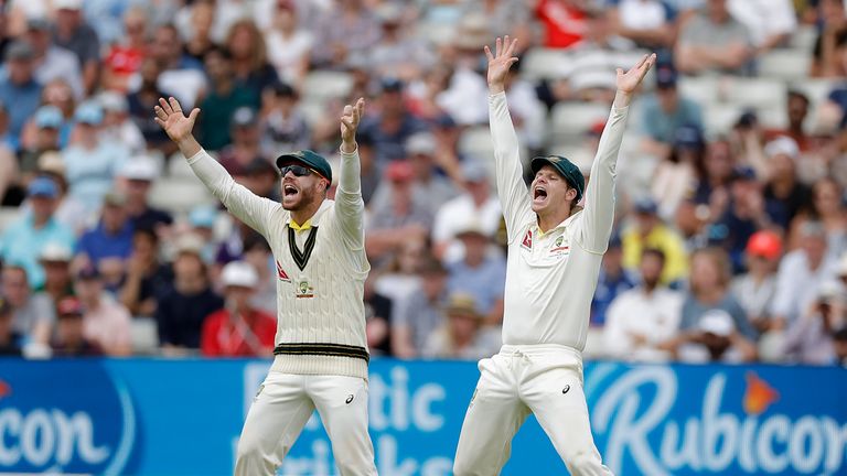 Australia&#39;s David Warner and Steve Smith appeals for a wicket 