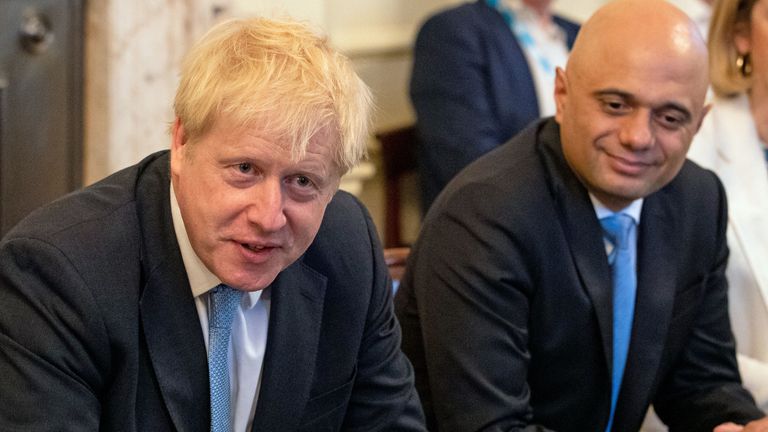 Sajid Javid (centre) and Amber Rudd with Prime Minister Boris Johnson (left) as he holds his first Cabinet meeting at Downing Street in London.