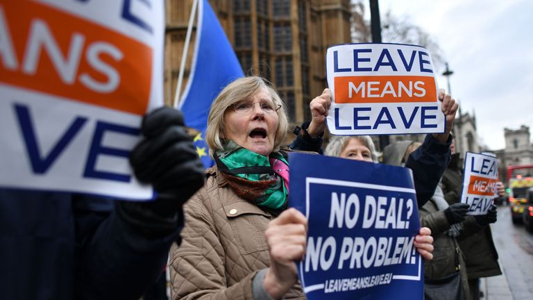 Pro-Brexit demonstrators protest opposite the Houses of Parliament in London on December 5, 2018. - British Prime Minister Theresa May returns to the House of Commons today after a series of stunning defeats by MPs that threaten her government and could change the course of Brexit. (Photo by Ben STANSALL / AFP)        (Photo credit should read BEN STANSALL/AFP/Getty Images)