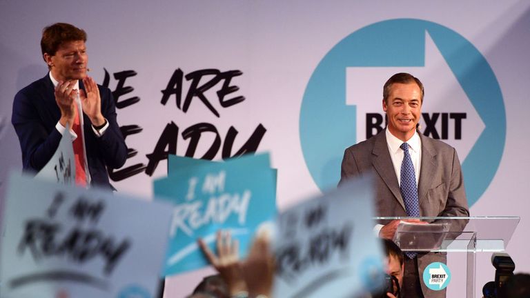 LONDON, ENGLAND - AUGUST 27: Brexit Party chairman Richard Tice applauds as Leader of the Brexit Party, Nigel Farage speaks onstage on August 27, 2019 in London, England. The Brexit Party conference held at the Emmanuel Centre is due to reveal plans for a future general election. (Photo by Leon Neal/Getty Images)
